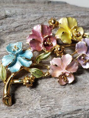 New Floral Branch Brooch Pastel Enamel Orchids? Blue Pink Yellow Lavender